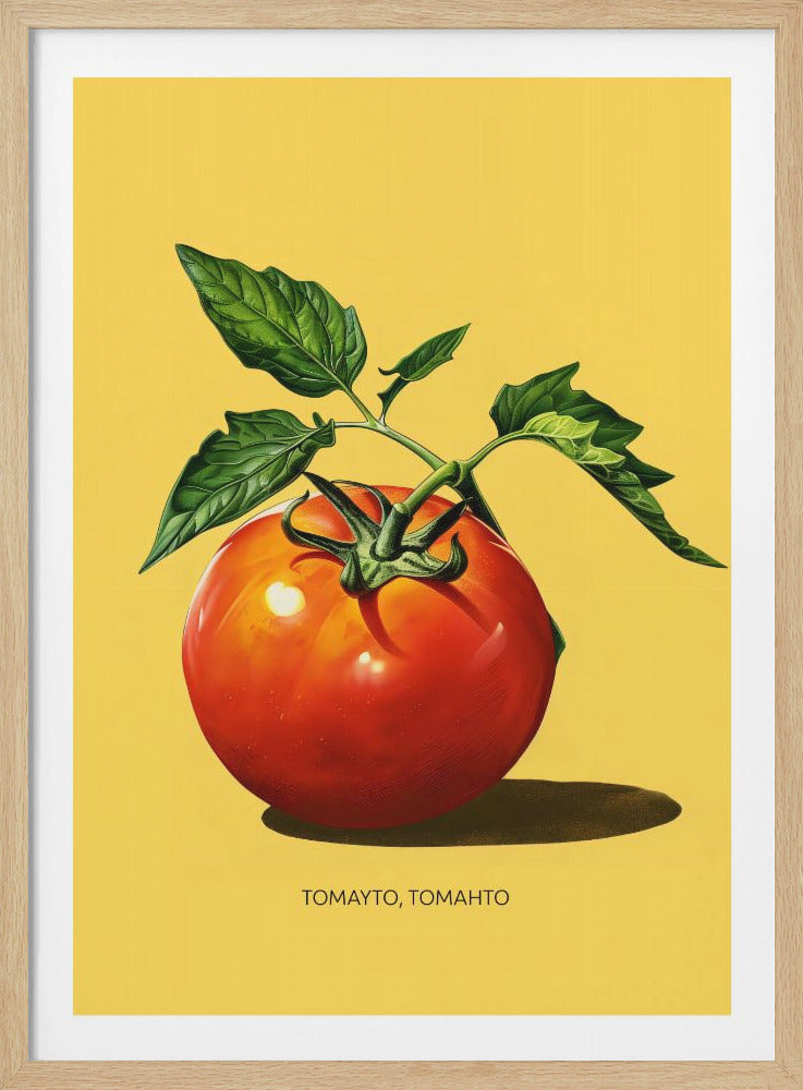A framed art print featuring a detailed illustration of a ripe red tomato with a green vine and leaves, set against a solid bright yellow background. Below the tomato, the text 'TOMAYTO, TOMAHTO' is printed in a simple font. Wall Art