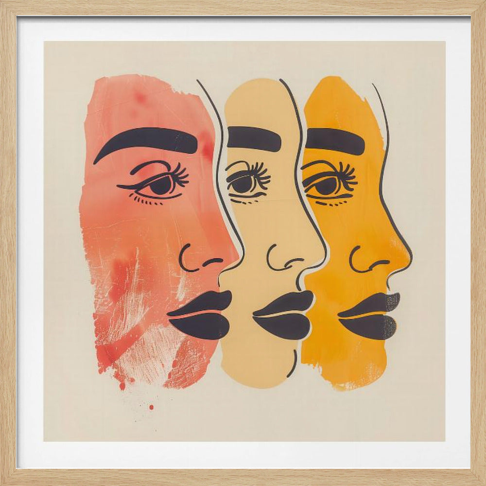 A framed piece of modern art depicting three stylized female faces in profile, layered one behind the other. The faces are rendered in shades of red-orange, pale yellow, and golden-orange, with bold black line work for the eyes, eyebrows, and lips, all set against a cream background. Print