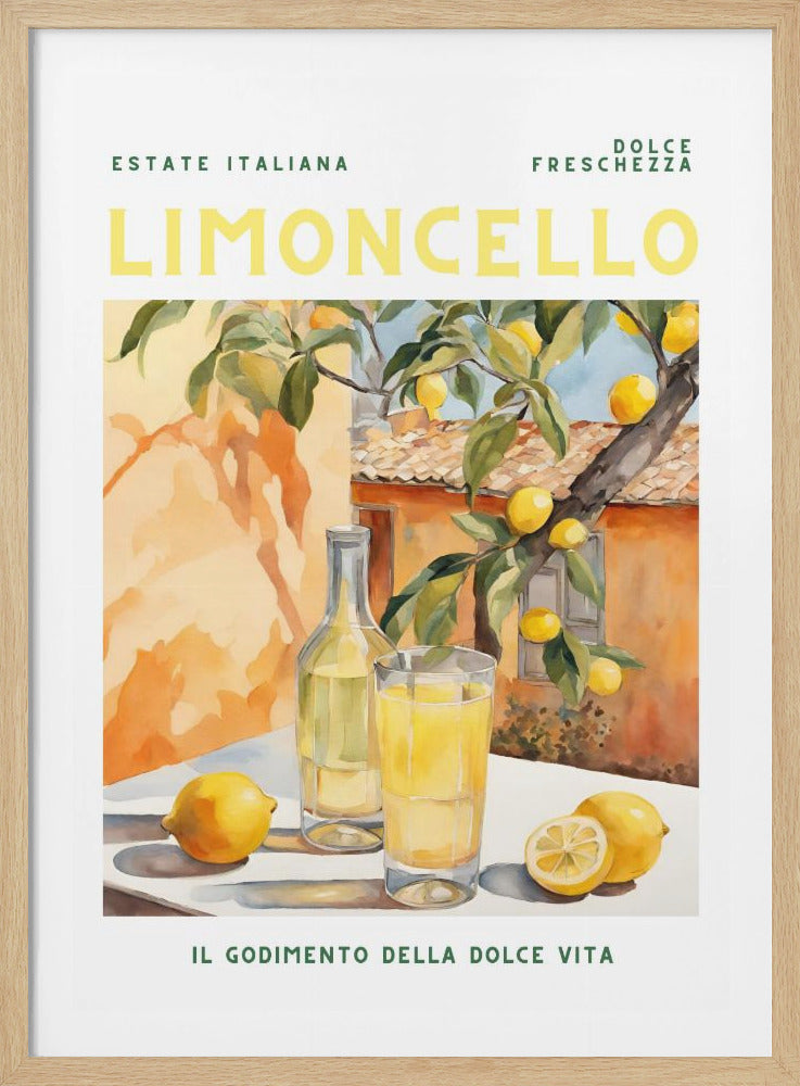 A vintage-style poster advertising limoncello with text in Italian. The artwork shows a glass and bottle of the yellow liqueur next to fresh lemons, with a lemon tree branch and a sunlit terracotta building in the background. Decor