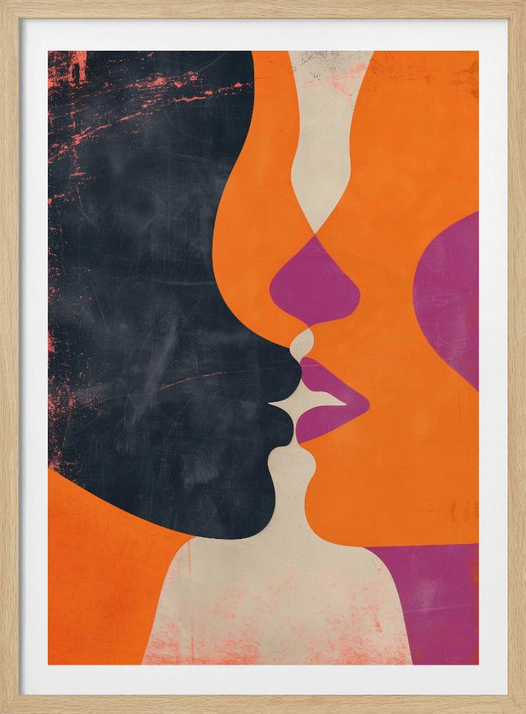 An abstract, modern illustration depicting the profiles of two figures about to kiss. One figure is a solid dark blue with a distressed texture, while the other is bright orange. Their overlapping lips are highlighted in magenta and off-white, creating a dynamic and intimate focal point. The artwork uses bold, flat color shapes and has a vintage, textured feel. Decor