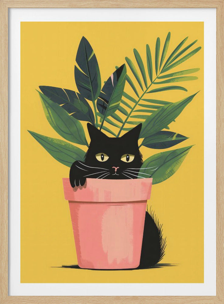 A stylized illustration of a black cat with yellow eyes peeking over the edge of a pink flower pot. The cat has one paw resting on the rim. Behind the cat, large green tropical leaves fill the background, which is a solid mustard yellow color. The artwork is framed in black. Decor