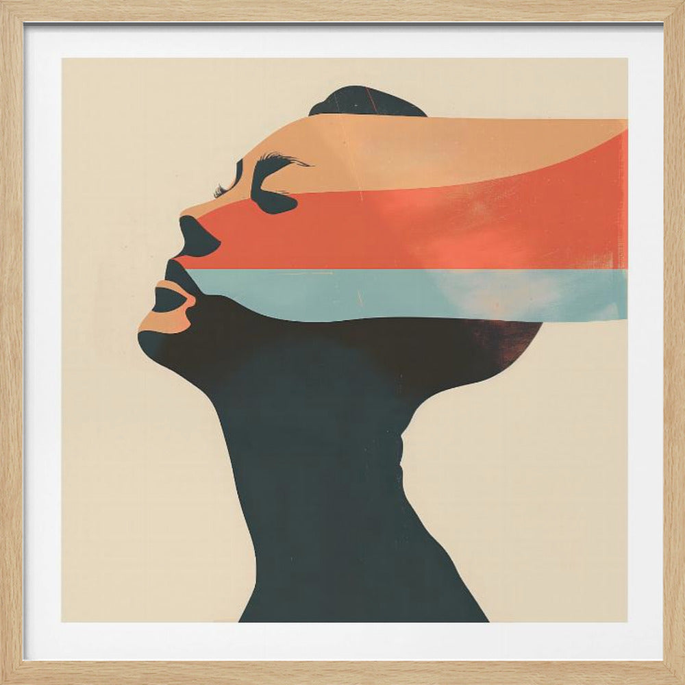 A framed modern art print showing a person's head in profile looking upwards. The lower part of the head and neck is a dark silhouette, while the face is composed of horizontal stripes in peach, reddish-orange, and light blue, with facial features outlined in black. The background is a solid off-white color. Wall Art