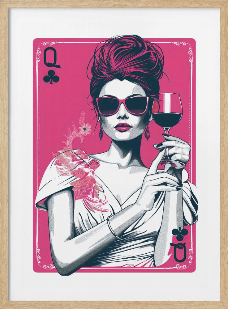 A stylized pop art illustration of a glamorous woman depicted as the Queen of Clubs on a pink playing card. She wears large sunglasses, has her hair in a high bun, and holds a glass of red wine. Wall Art