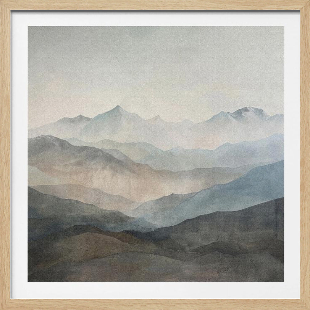 A framed artwork depicting layers of misty mountain ranges receding into the distance. The landscape is painted in a soft, muted palette of blues, greys, and earthy browns, creating a serene and atmospheric mood. Print