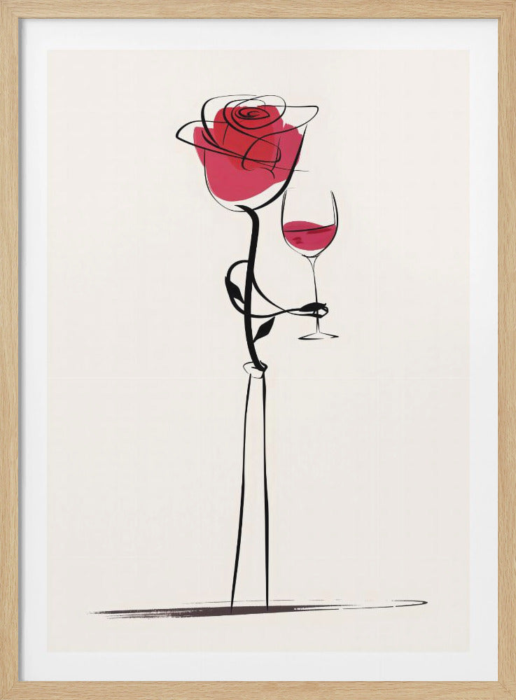 A minimalist, whimsical illustration of an anthropomorphic red rose in a slender vase. The rose's stem and leaves are drawn like arms holding a glass of red wine. The artwork features black line art with red accents against a white background, all within a black frame. Decor
