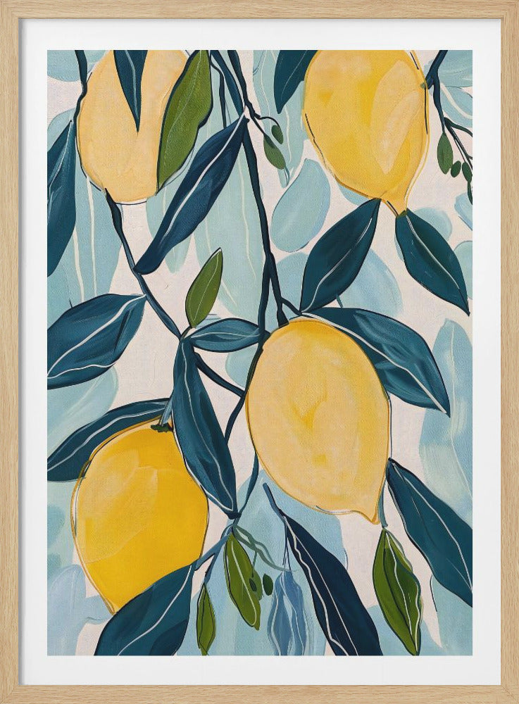 A vibrant, stylized painting of several large yellow lemons hanging from branches with dark teal and green leaves, set against a painterly background of off-white and light blue. Decor