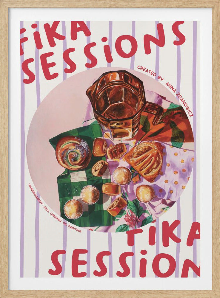 A vibrant poster titled 'FIKA SESSIONS' featuring a circular, overhead oil painting of a variety of pastries and an amber glass pitcher on colorful cloths. The background has vertical lilac stripes, and the text is in a bold, red font. Wall Art