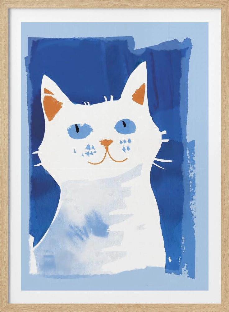 A stylized painting of a white cat with blue eyes and orange inner ears. The cat has a gentle smile and is set against a painterly background of various shades of blue, all within a black frame. Artwork
