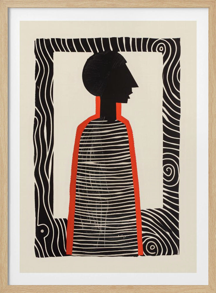 A modern graphic art print in a black frame, featuring a stylized silhouette of a person in profile. The figure has a black head and a striped black-and-white body, outlined in bold red. The background is off-white, and the central image is surrounded by a thick, patterned black-and-white border. Artwork