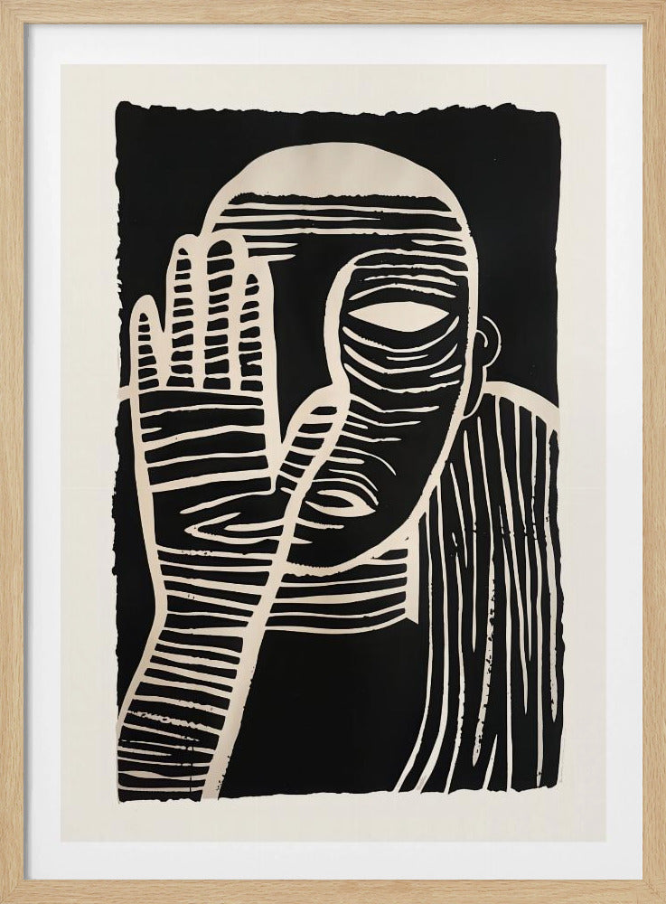 A high-contrast black and white linocut or woodcut print depicting a person from the chest up. The figure holds a hand up to their face, partially obscuring it, with one eye visible. The artwork is characterized by bold, white horizontal and vertical lines carved out of a solid black background. Print