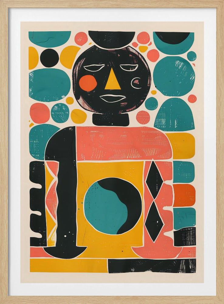 An abstract art print featuring a stylized figure made of colorful, blocky shapes. The figure has a large, round black head with simple white outlines for eyes and a mouth, a yellow triangle nose, and is surrounded by circles and semi-circles in teal, yellow, and coral pink, all on an off-white background. Print