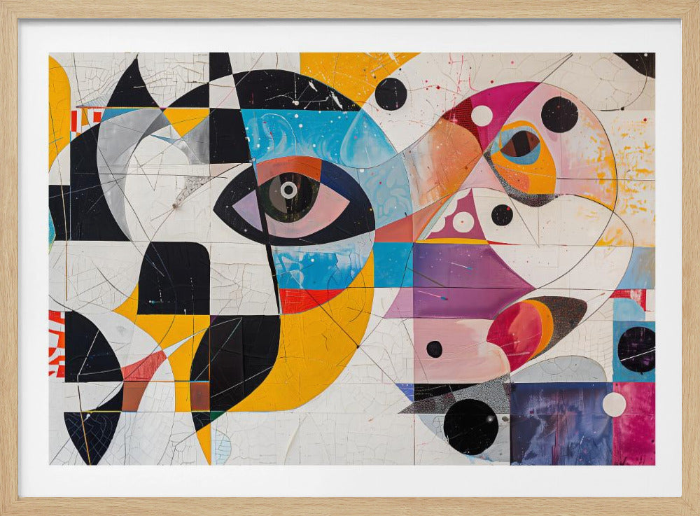 A vibrant and complex abstract painting in a silver frame. The artwork features a large, stylized eye as a central focus, surrounded by a fragmented collage of geometric shapes, bold lines, and vivid colors including yellow, blue, and magenta. Elements like black and white checkerboard patterns and scattered black circles add to the dynamic composition, all set against a textured, crackled white background. Print