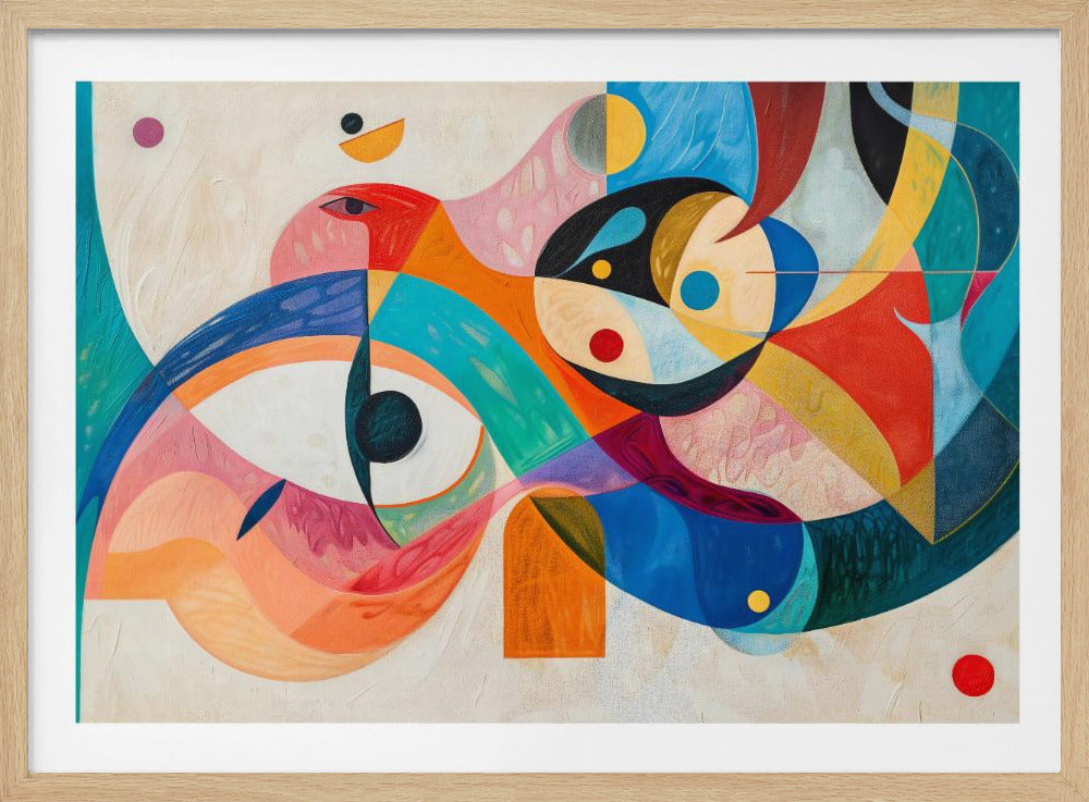 A vibrant abstract painting in a silver frame, featuring a dynamic composition of overlapping geometric and biomorphic shapes. The artwork is rich with color, including bold blues, oranges, reds, pinks, and yellows, with stylized eye-like forms and bird-like figures against a textured off-white background. Artwork