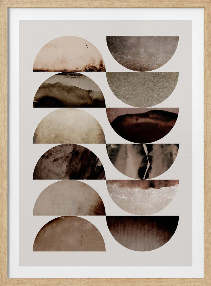 A modern abstract art print in a black frame, featuring a grid of twelve semicircles arranged in two vertical columns. Each semicircle has a unique, textured pattern in various shades of earthy brown, beige, and black, set against a solid light gray background. Print
