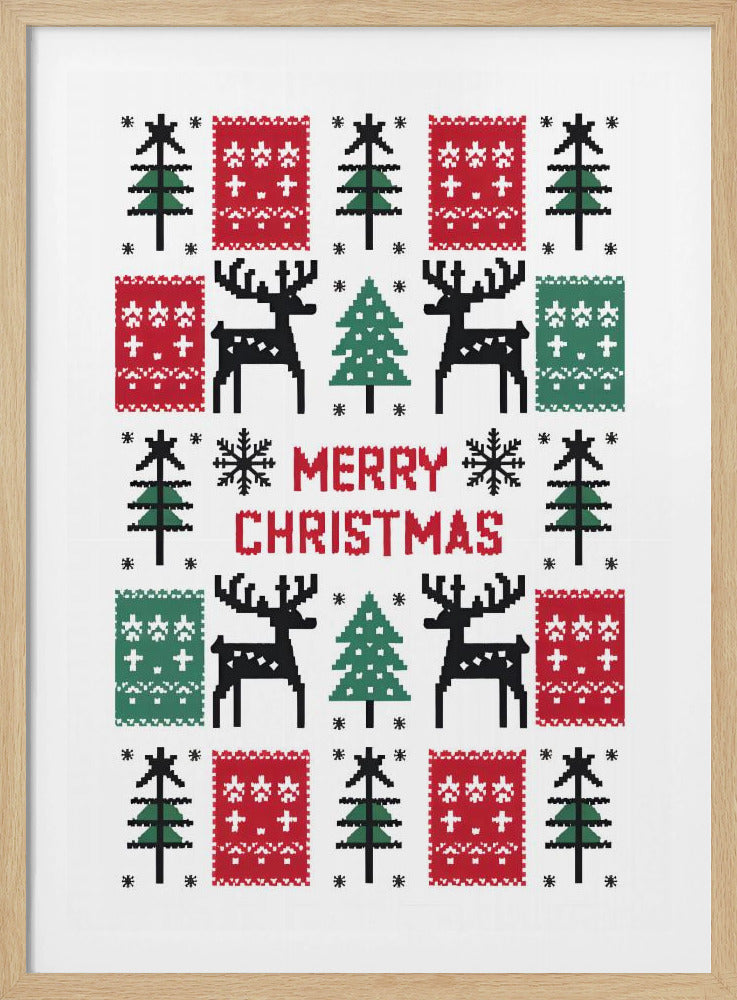 A framed piece of art with a pixelated, cross-stitch design resembling an ugly Christmas sweater. The symmetrical pattern features black reindeer, green pine trees, and red and green decorative blocks on a white background, with 'MERRY CHRISTMAS' in red pixel font in the center. Poster