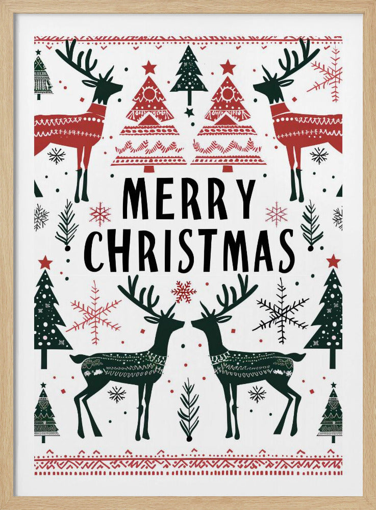 A symmetrical folk art style Christmas poster with 'MERRY CHRISTMAS' in bold black letters in the center. The design features red and dark green reindeer and Christmas trees, along with red and black snowflakes on a white background, all framed in black. Print