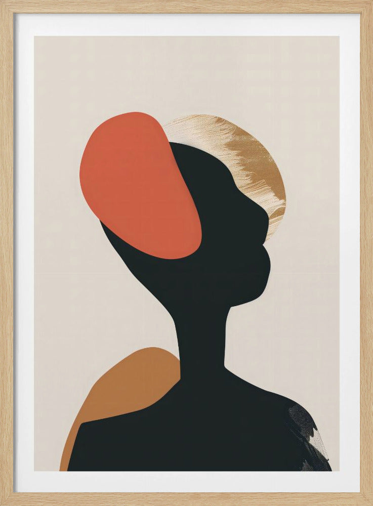 An abstract art print in a black frame featuring the silhouette of a person's head and shoulders against a light beige background. The black silhouette is overlaid with large, organic shapes in burnt orange, ochre, and a textured gold. Decor