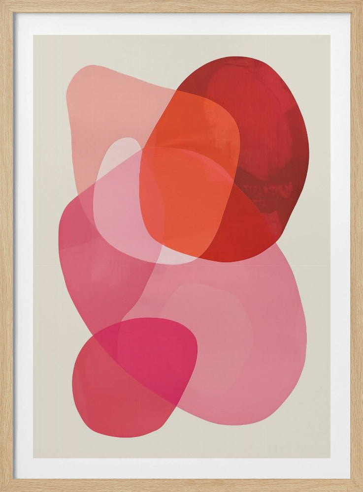 An abstract art print in a black frame, featuring a composition of overlapping, translucent, organic shapes in shades of red, orange, and pink on an off-white background. Print