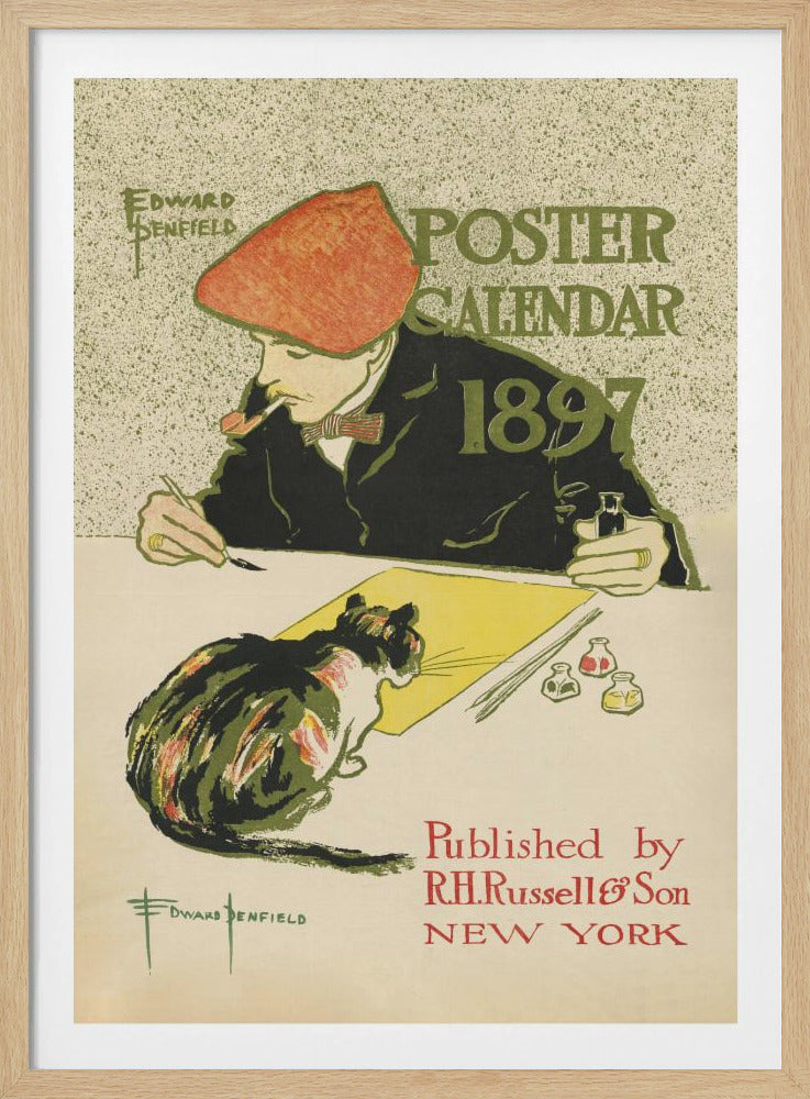 A vintage poster by Edward Penfield for the 'Poster Calendar 1897'. The illustration features an artist in a red cap and black jacket, smoking a pipe while working at a desk. A calico cat sits on the desk, watching him paint on a yellow sheet of paper. The text on the poster includes the title, year, artist's name, and publisher information. Poster