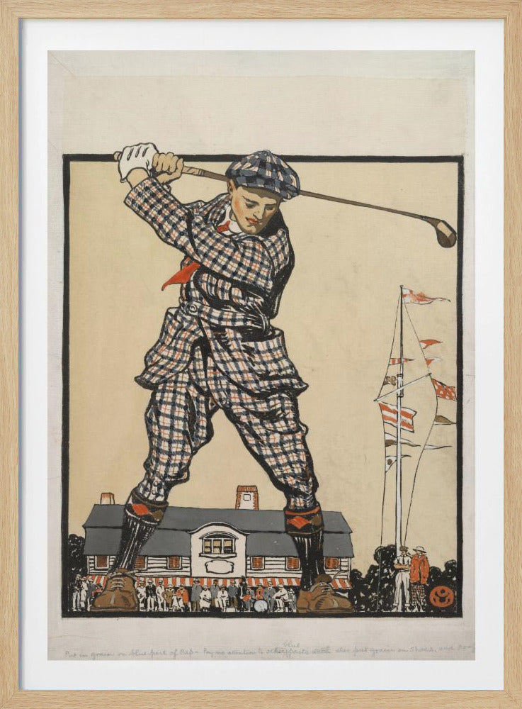 A vintage illustration of a giant golfer in a blue and red plaid suit and cap, taking a powerful swing while standing astride a clubhouse, with a crowd of tiny people watching from below. Wall Art