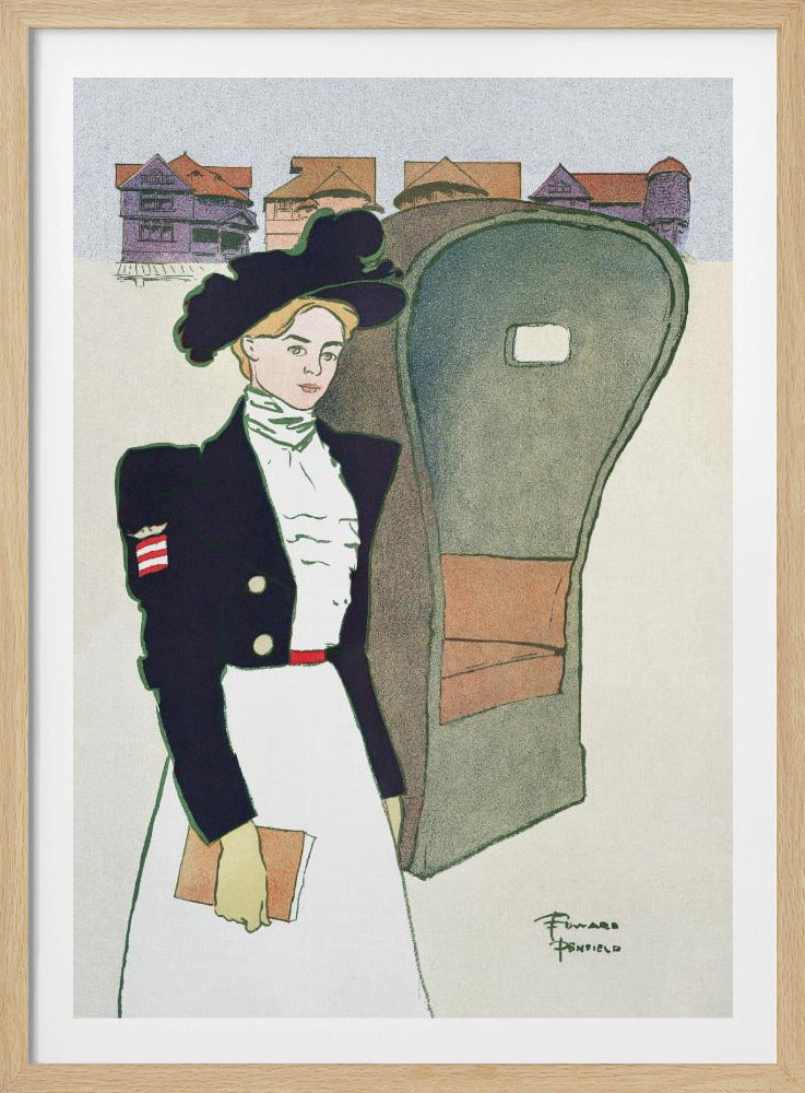 An Art Nouveau illustration by Edward Penfield depicting a stylish woman in a large black hat, a dark navy jacket with an American flag patch, and a long white skirt. She holds a book and stands next to a carriage, with stylized houses in the background. Artwork