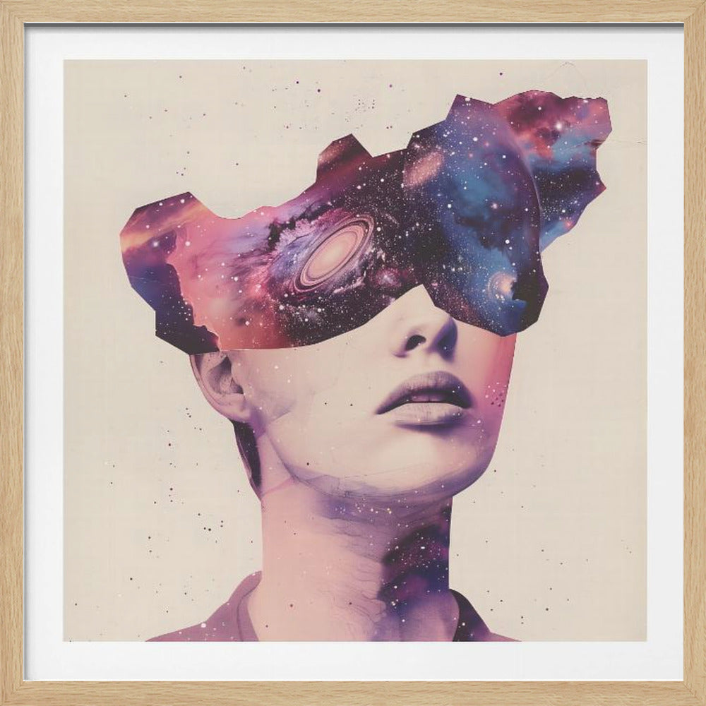 A surreal collage art piece featuring a portrait of a person's lower face. Their eyes are obscured by a cutout shape filled with a vibrant image of a colorful galaxy, complete with stars, nebulae, and a spiral galaxy. The artwork is presented in a light wood frame. Poster