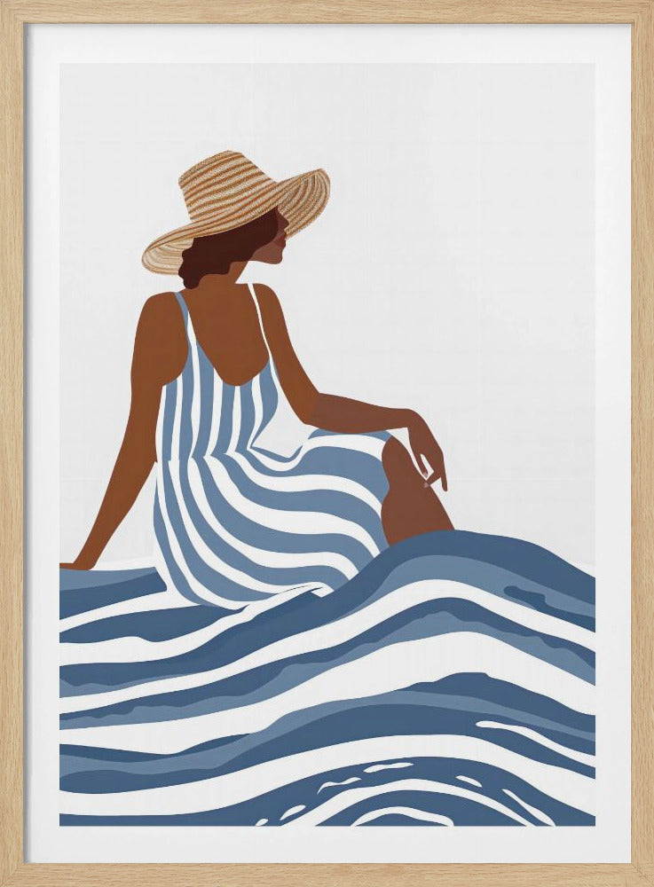 A minimalist illustration of a woman with dark skin wearing a wide-brimmed straw hat and a blue and white striped dress. She is sitting amidst stylized blue and white waves, looking away from the viewer against a plain white background. Poster