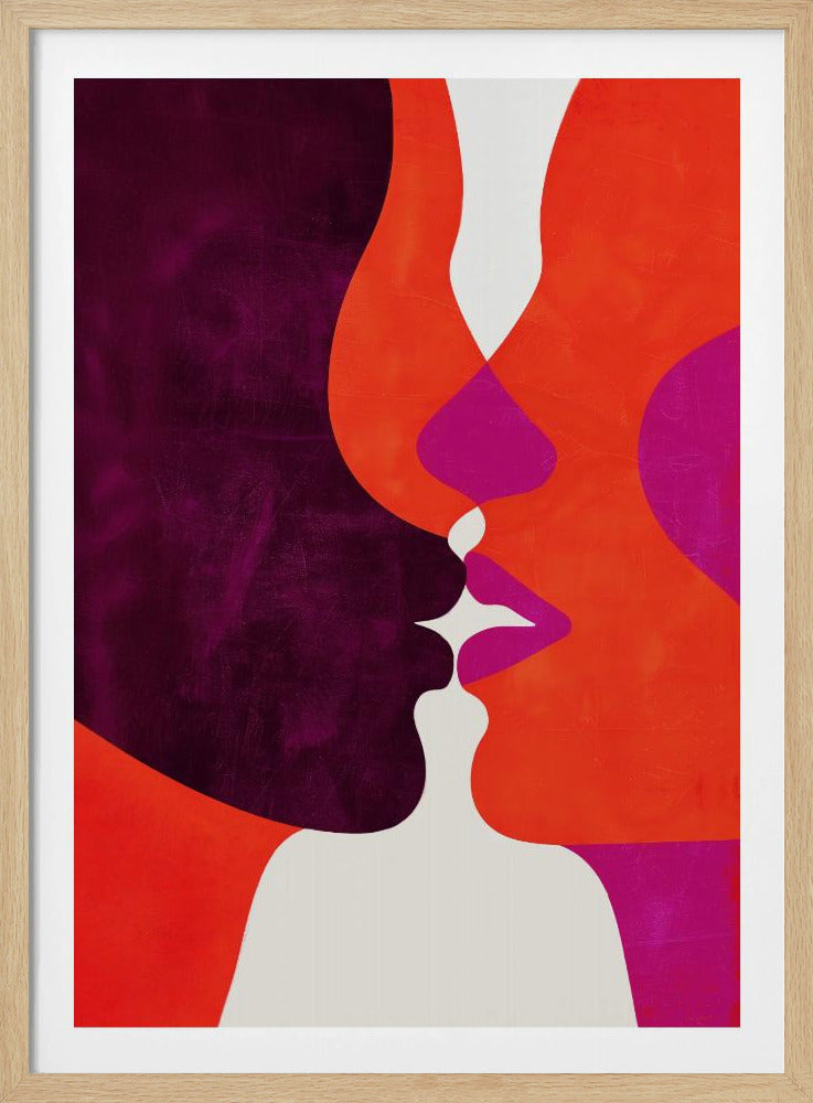 An abstract modern art piece depicting a close-up of two profiles about to kiss. The figures are composed of bold, interlocking shapes in deep purple, vibrant orange, and magenta, with white creating negative space between their lips and bodies. The artwork has a textured finish and is enclosed in a simple black frame. Wall Art