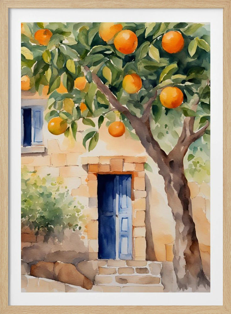 A watercolor painting of a sunlit stone cottage featuring a vibrant blue door, with a large, leafy orange tree full of ripe fruit in the foreground. Wall Art