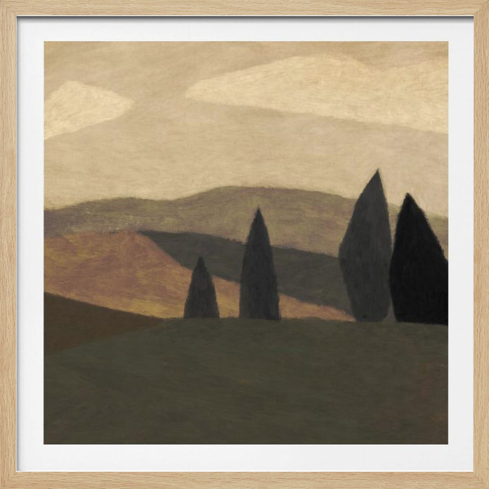 A minimalist painting of a Tuscan-style landscape with rolling hills in shades of brown and muted green. Four dark, stylized cypress trees stand in the foreground under a soft, cloudy beige sky. The entire piece is framed in a light wood frame. Print