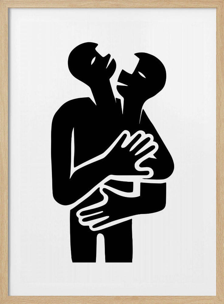 A minimalist black and white graphic art print showing two abstract human figures in a tight embrace. The figures are rendered in a bold, solid black silhouette against a stark white background, creating a high-contrast image. Their arms are wrapped around each other, and their heads are tilted back, suggesting a powerful emotion like passion, comfort, or unity. Decor