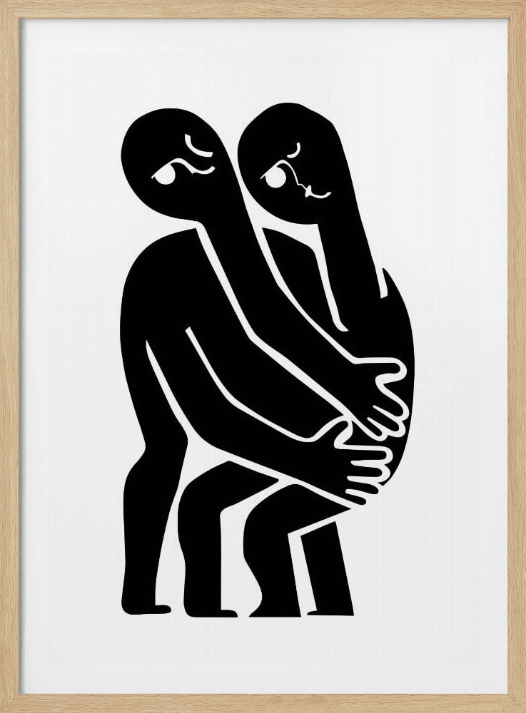 A minimalist black and white art print featuring two abstract, stylized figures in a close embrace. The figures are rendered in solid black against a plain white background, with their elongated limbs and bodies intertwined. Simple white lines within the black silhouettes create expressive facial features. The artwork is contained within a thin black frame. Wall Art