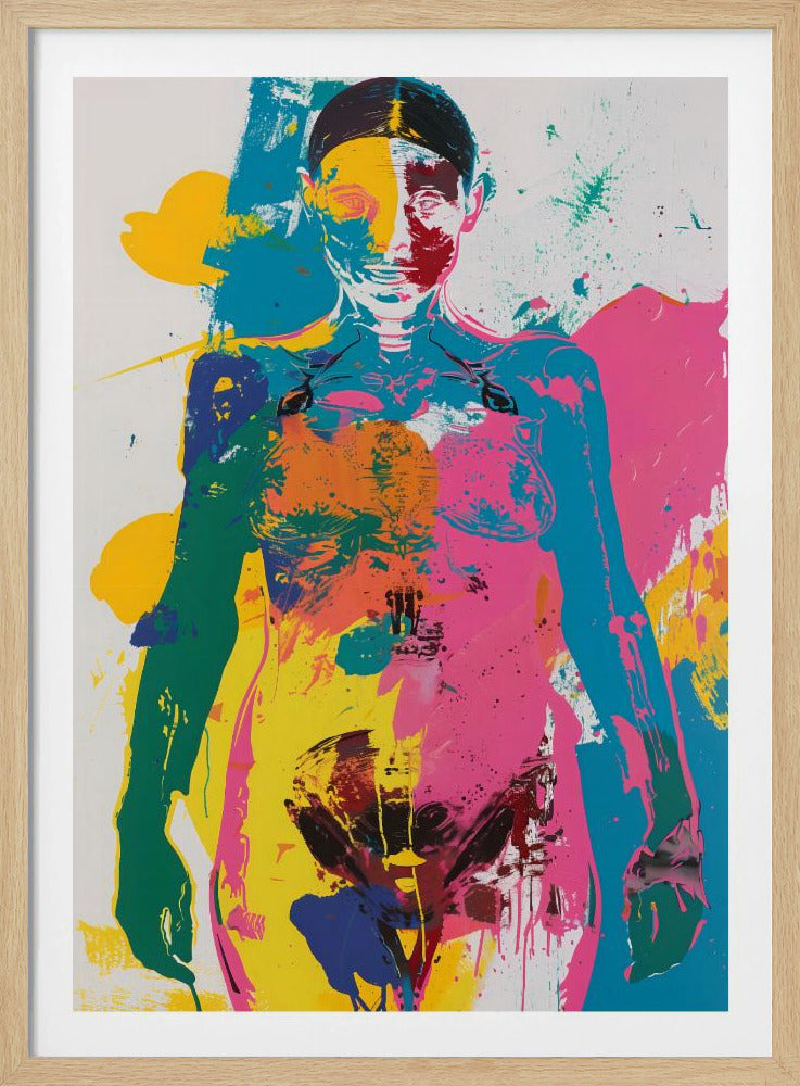 An abstract pop art print of a female figure from the waist up, depicted in vibrant, overlapping blocks of color including pink, yellow, cyan, and green, with skeletal details visible, all set against a white background with paint splatters. Artwork