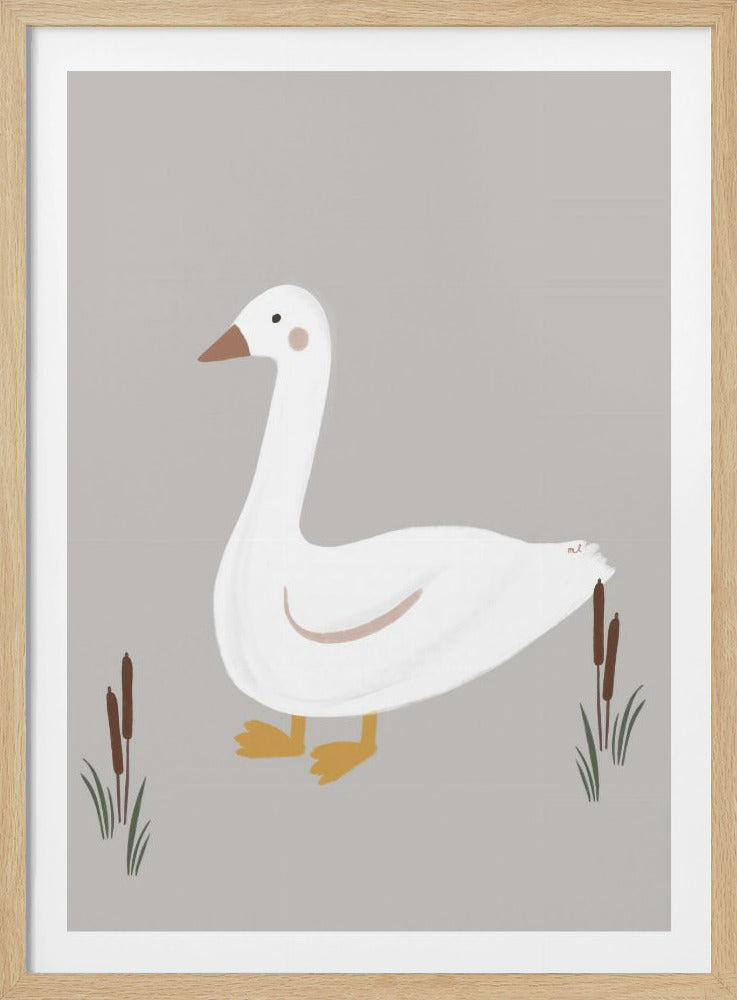 A charming, minimalist illustration of a white goose with a pink blush on its cheek, standing against a plain light gray background. The goose has a brown beak and yellow feet, and is flanked by a few cattail reeds. The artwork is presented in a black frame. Decor