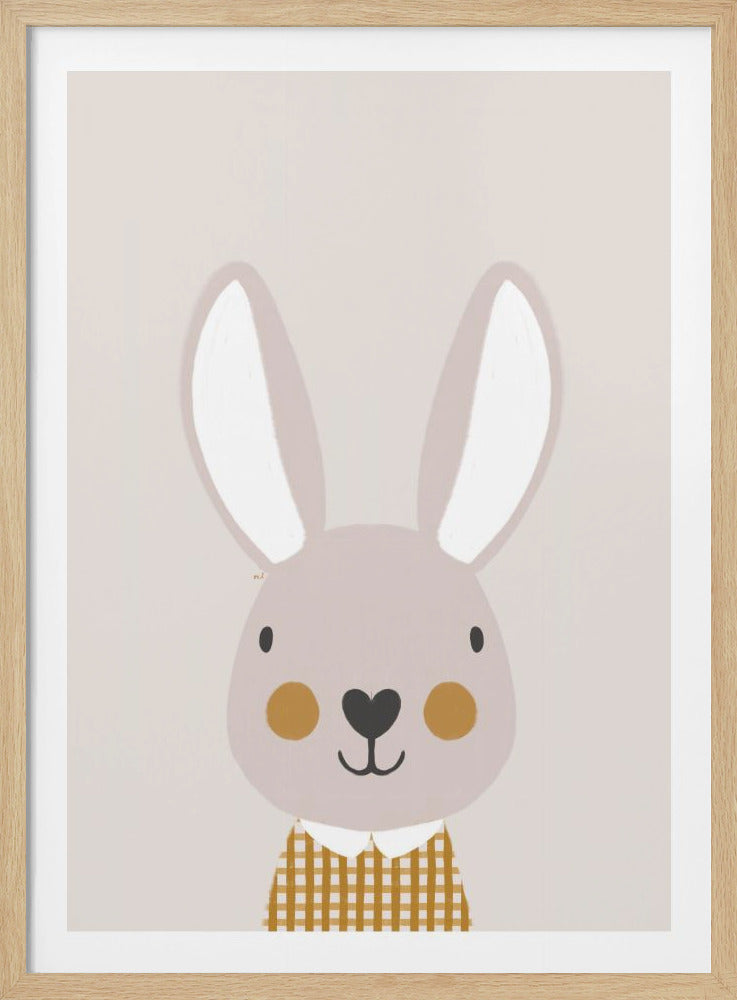 A framed art print of a cute, stylized bunny character against a light pink background. The bunny has long ears, simple black eyes, a heart-shaped nose, and round mustard-yellow cheeks. It is wearing a yellow and white gingham shirt with a white collar. Artwork