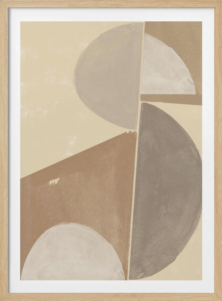 An abstract painting with a muted, earthy color palette of beige, brown, and gray. The composition features overlapping geometric shapes, including large semi-circles and straight lines, against a light cream textured background, all enclosed in a simple black frame. Decor