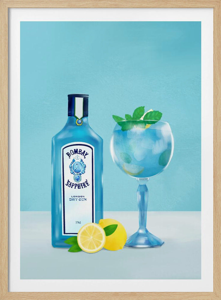 An illustration of a bottle of Bombay Sapphire gin next to a gin and tonic in a balloon glass. The drink is garnished with lemon and mint, and fresh lemons are placed at the base of the bottle against a light blue background, all within a black frame. Decor