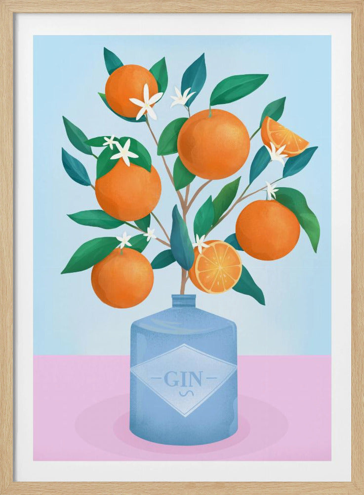 A stylized art print of bright orange branches with whole oranges, orange slices, green leaves, and white blossoms arranged in a light blue gin bottle. The bottle, labeled '-GIN-', acts as a vase and sits on a pink surface against a light blue background. Artwork