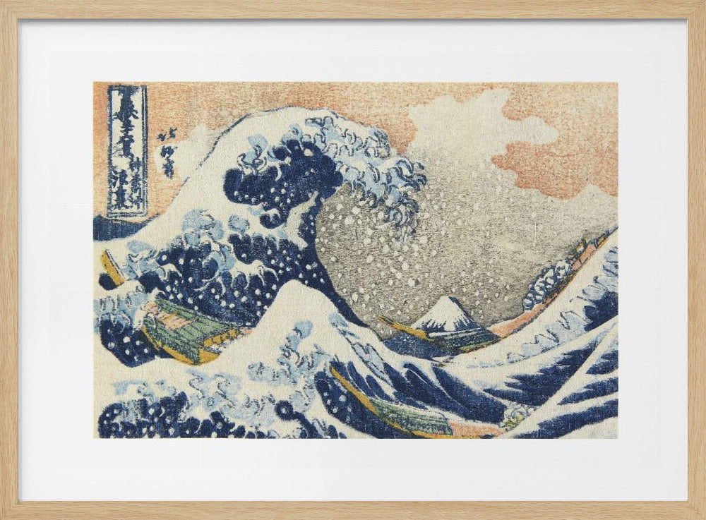 A framed print of Hokusai's 'The Great Wave off Kanagawa,' a Japanese ukiyo-e woodblock print. A huge, dark blue wave with white foam crests over small boats, with a snow-capped Mount Fuji in the distance under a pale orange sky. Artwork