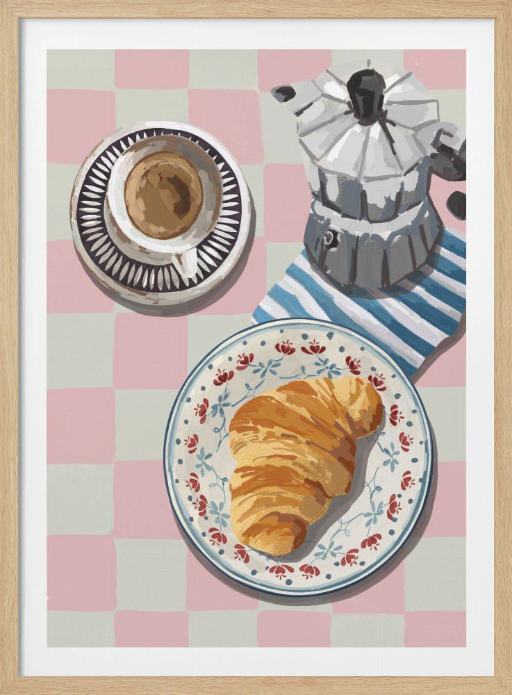 An overhead painting of a breakfast setting on a pink and white checkered tablecloth, featuring a croissant on a floral plate, a cup of coffee, and a silver moka pot on a blue and white striped napkin. Artwork