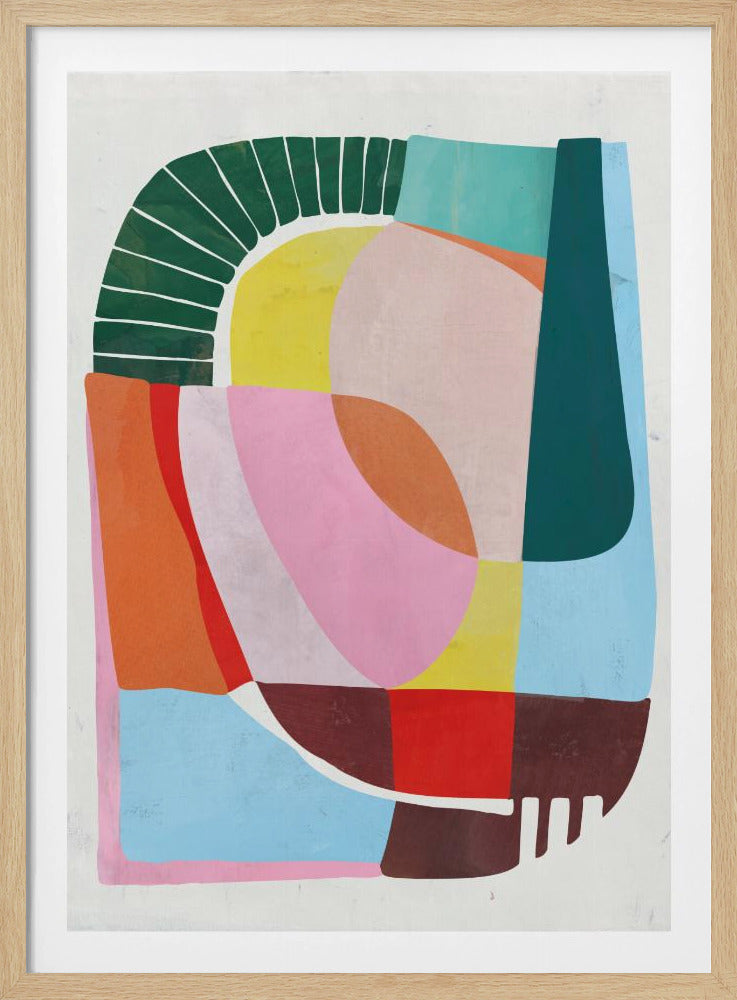 A modern abstract artwork in a black frame, featuring a colorful collage of geometric and curved shapes. Prominent elements include a dark green segmented arch, a yellow semi-circle, and large overlapping forms in shades of pink, blue, orange, and brown against a white background. Poster