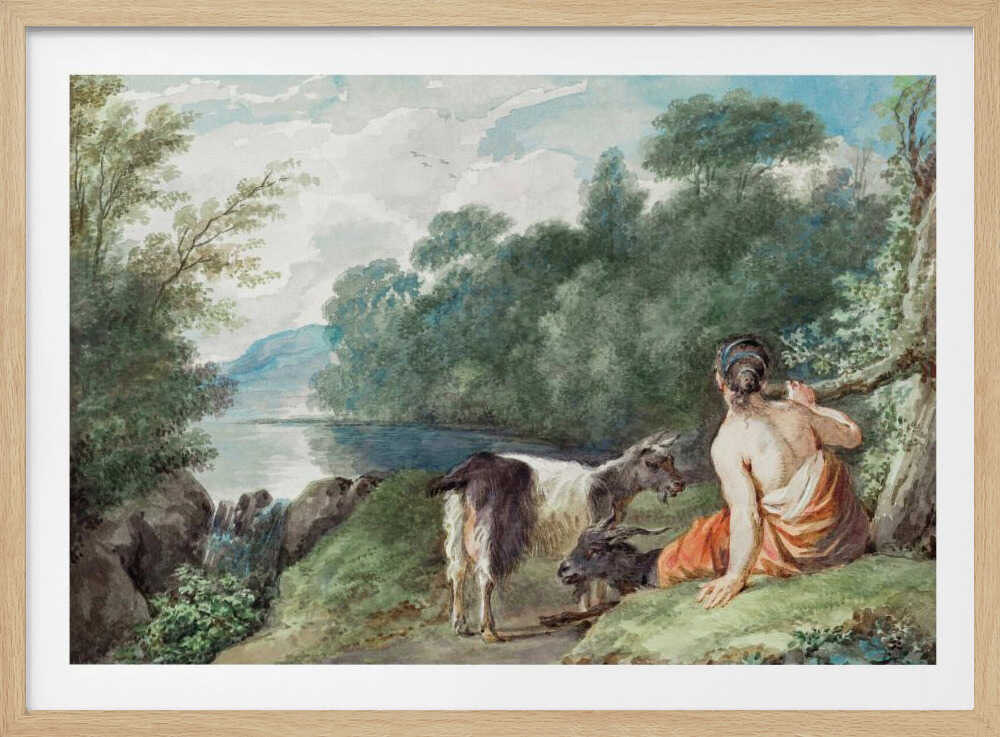 A painting or illustration depicting a shepherdess with her goats in a natural landscape, featuring a calm lake. Wall Art
