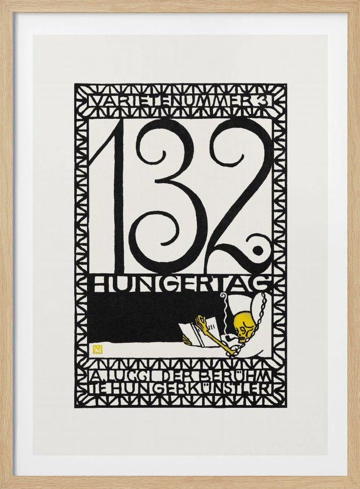 A framed vintage German art print in a graphic, woodcut style. The piece is primarily black and white with a yellow accent, featuring the large number '132' and German text like 'HUNGERTAG'. A small yellow skeleton figure is depicted reading a book and smoking a pipe, all enclosed within a geometric border. Wall Art