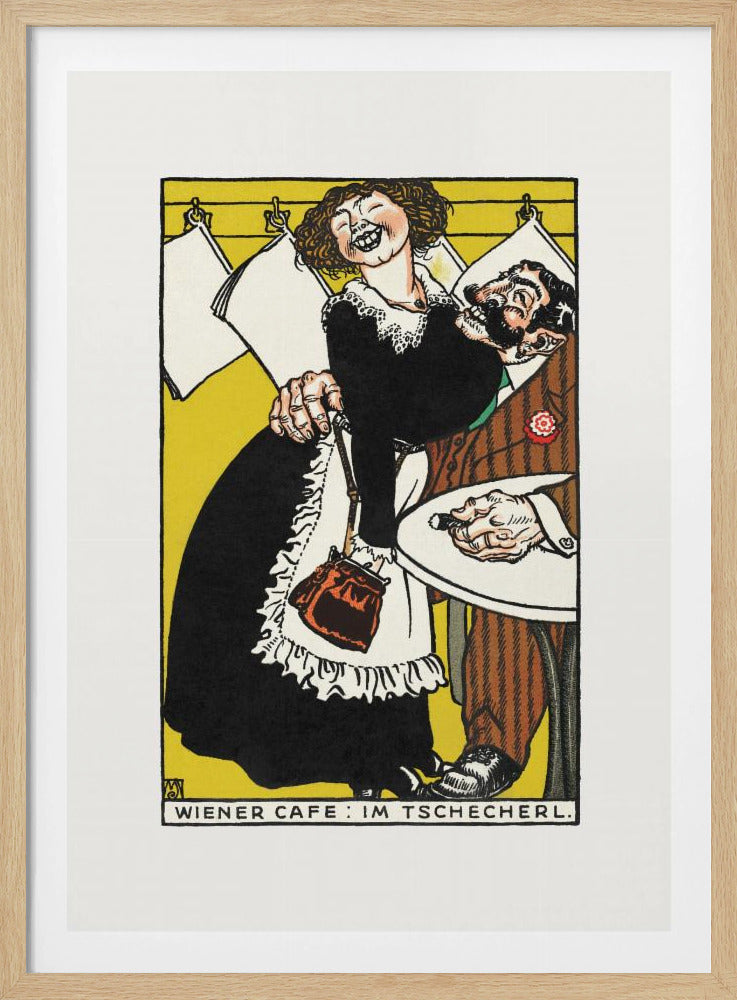 A vintage Viennese illustration depicting a jovial, laughing waitress in a black dress and white apron playfully embracing a surprised, bearded man in a brown suit. The scene is set against a vibrant yellow background with hanging papers and text at the bottom reading 'WIENER CAFE: IM TSCHECHERL.' Poster
