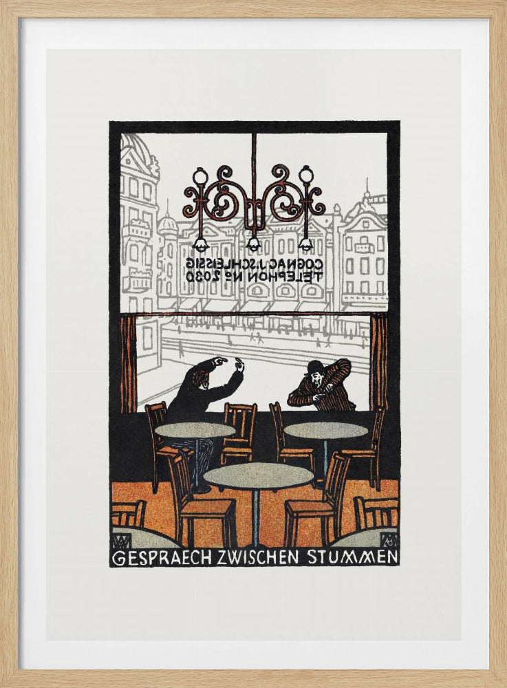 A framed vintage woodcut-style print titled 'Gespraech Zwischen Stummen', depicting the interior of a cafe. Two men sit at separate tables, communicating with exaggerated hand gestures. Through the large window behind them, a city scene with buildings is visible. Print