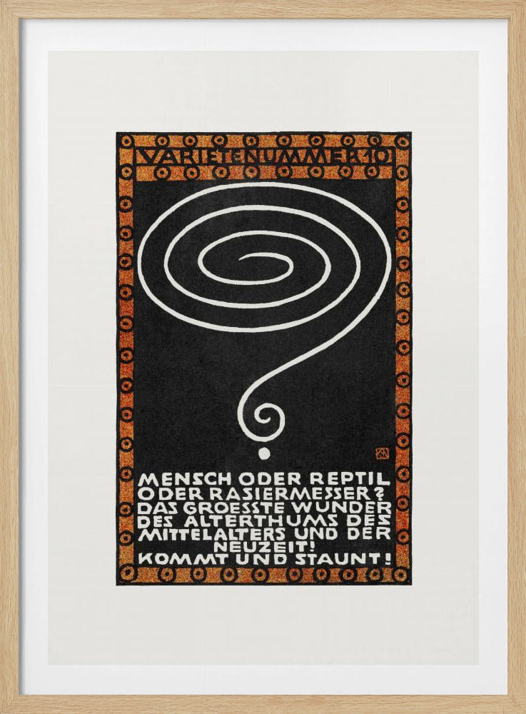 A vintage German poster with a black background, framed by a decorative orange and black border. In the center is a large, hand-drawn white spiral that tapers into a question mark. At the top, the words 'VARIETENUMMER 101' are displayed. Below the spiral, there is a block of white text in German. Wall Art