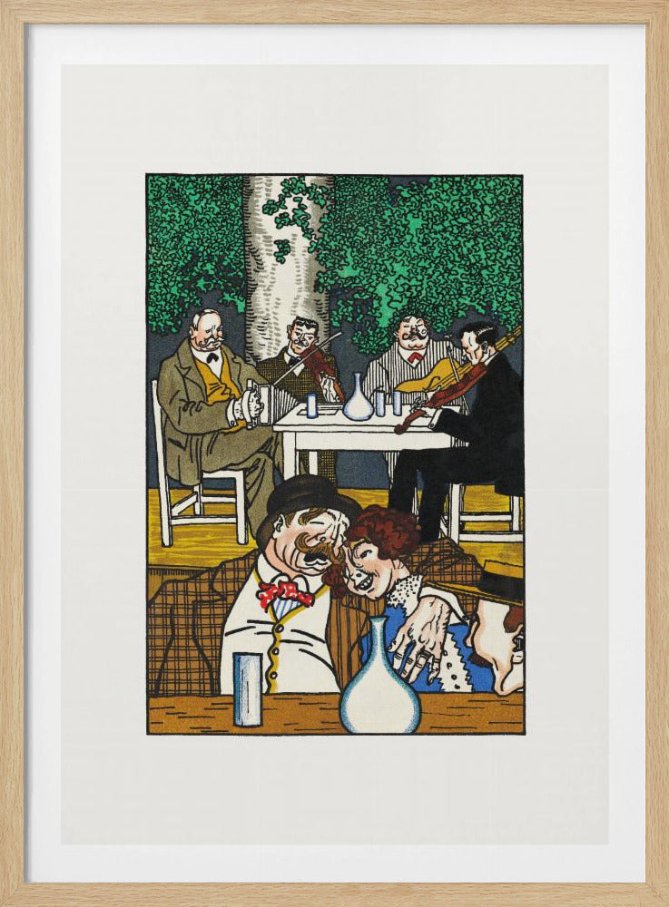 A colorful vintage illustration depicting two lively scenes. In the foreground, a mustached man and a woman are cozied up at a table. In the background, a group of four men sit under a leafy green tree, two of whom are playing violins. The artwork has a graphic, woodcut style and is framed in black. Artwork