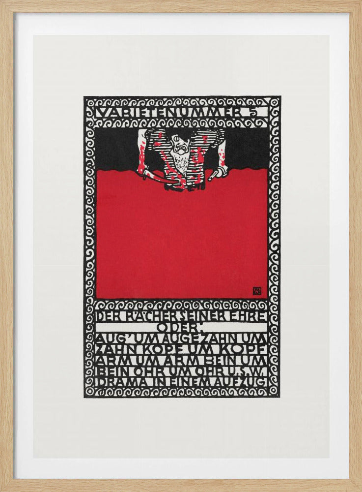 A vintage German expressionist poster by Moriz Jung titled 'Varietenummer 5'. The piece features a bold graphic style with stark red, black, and white colors, a tormented figure, and German typography enclosed in an intricate decorative border, all within a black frame. Decor