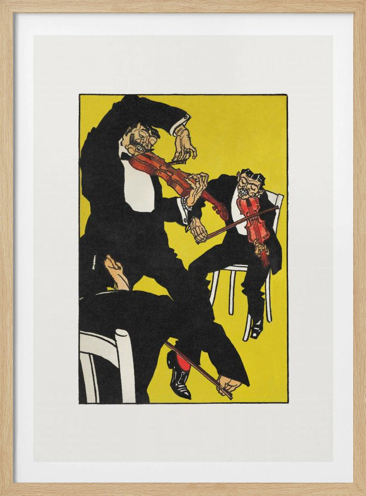 A vintage expressionist illustration featuring three stylized, grotesque male figures in black tuxedos playing violins with chaotic energy. The scene is set against a vibrant, solid yellow background, all framed with a white mat and black border. Artwork