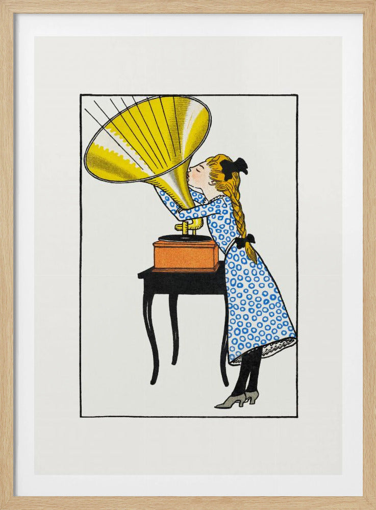 A vintage-style color illustration of a young girl with blonde braids and a blue patterned dress kissing the large yellow horn of a phonograph that sits on a small black table. Poster